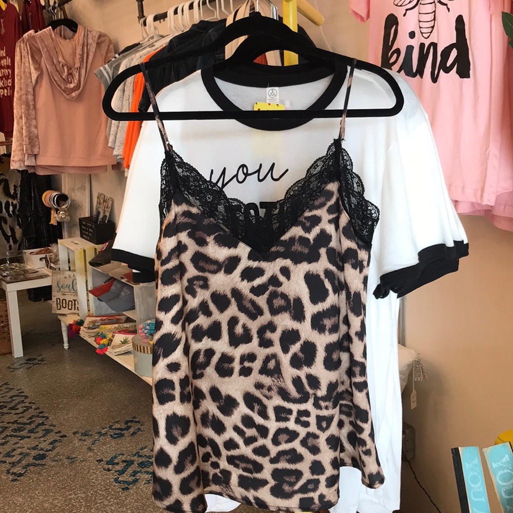 Leopard and black lace spaghetti strap tank top
